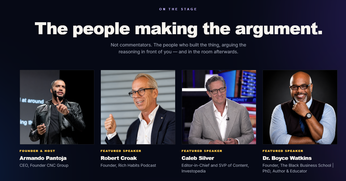 Future Wealth Conference speakers including Armando Pantoja, Cedric Nash, Caleb Silver, and Dr. Boyce Watkins